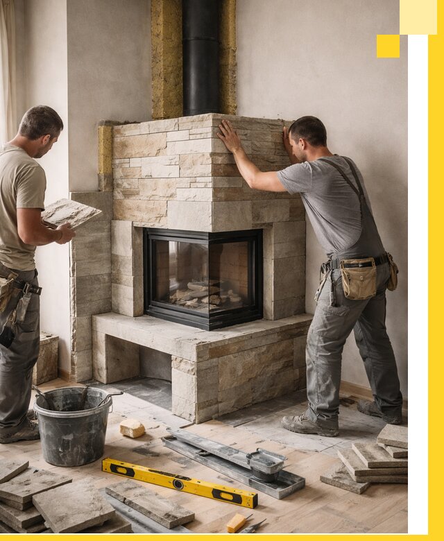 Угловые камины под ключ проект, монтаж и отделка в Боровичах