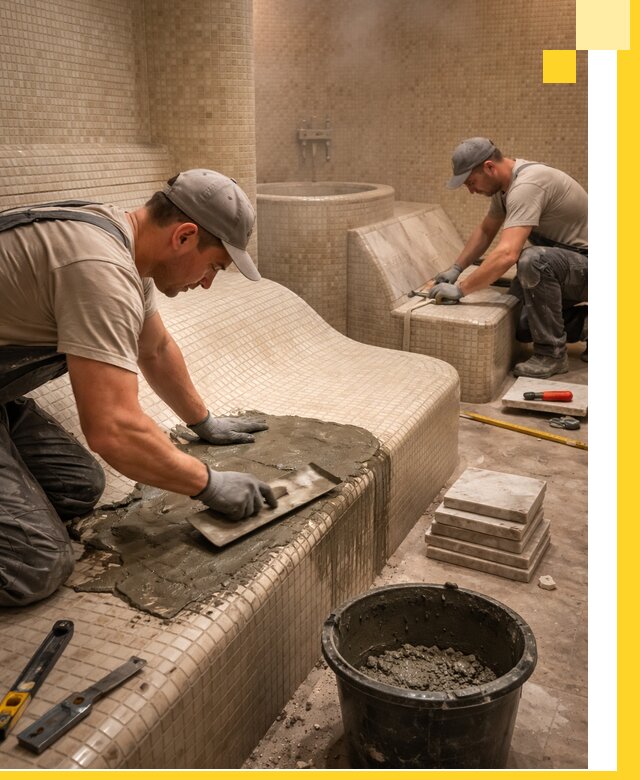 Лежаки для хамама под ключ в Боровичах, проект и монтаж